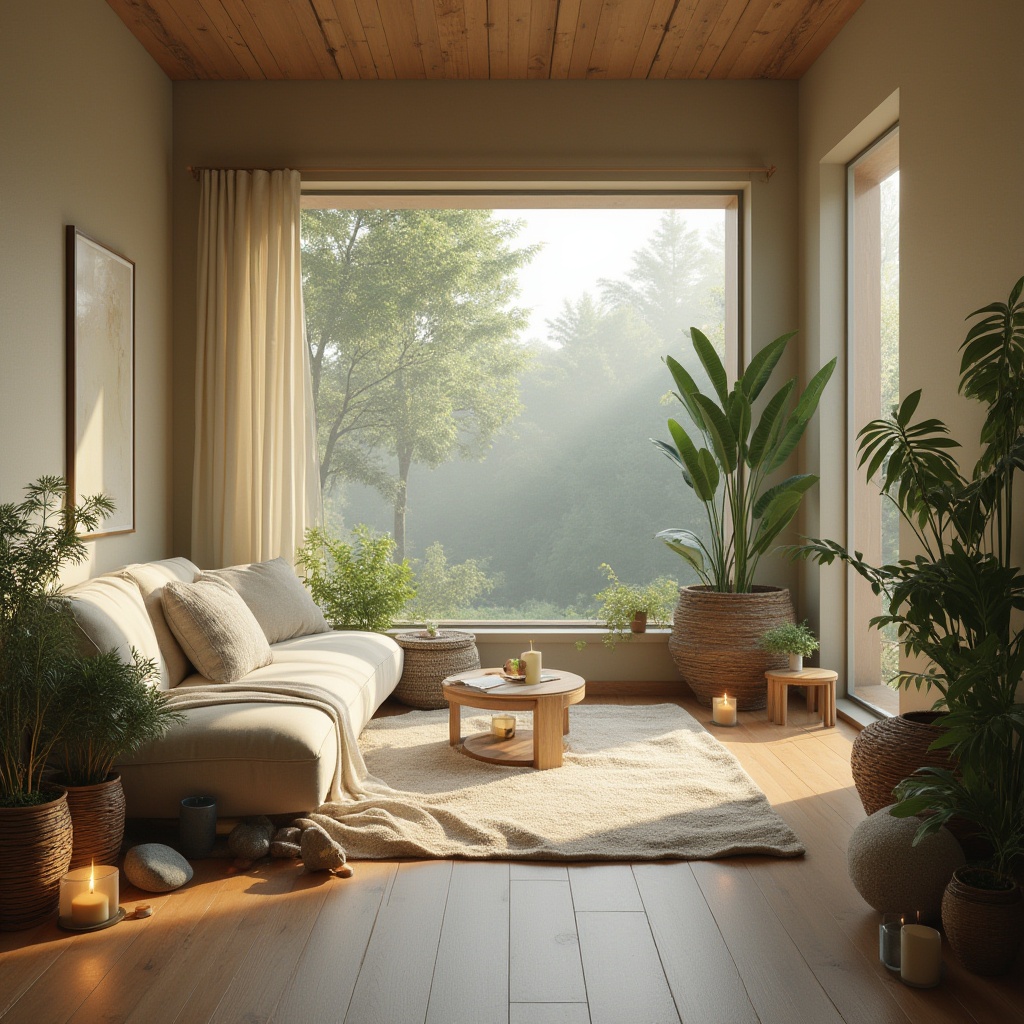 Prompt: Calming healing space, soft natural light, gentle warm beige walls, wooden floors, comfortable couches, lush green plants, peaceful ambiance, subtle earthy scent, smooth stone decorative elements, calming blue accents, minimalist decor, serene atmosphere, natural textiles, woven baskets, rustic wooden tables, warm candle lighting, cozy reading nook, panoramic window view, surrounding forest, misty morning, gentle fog.