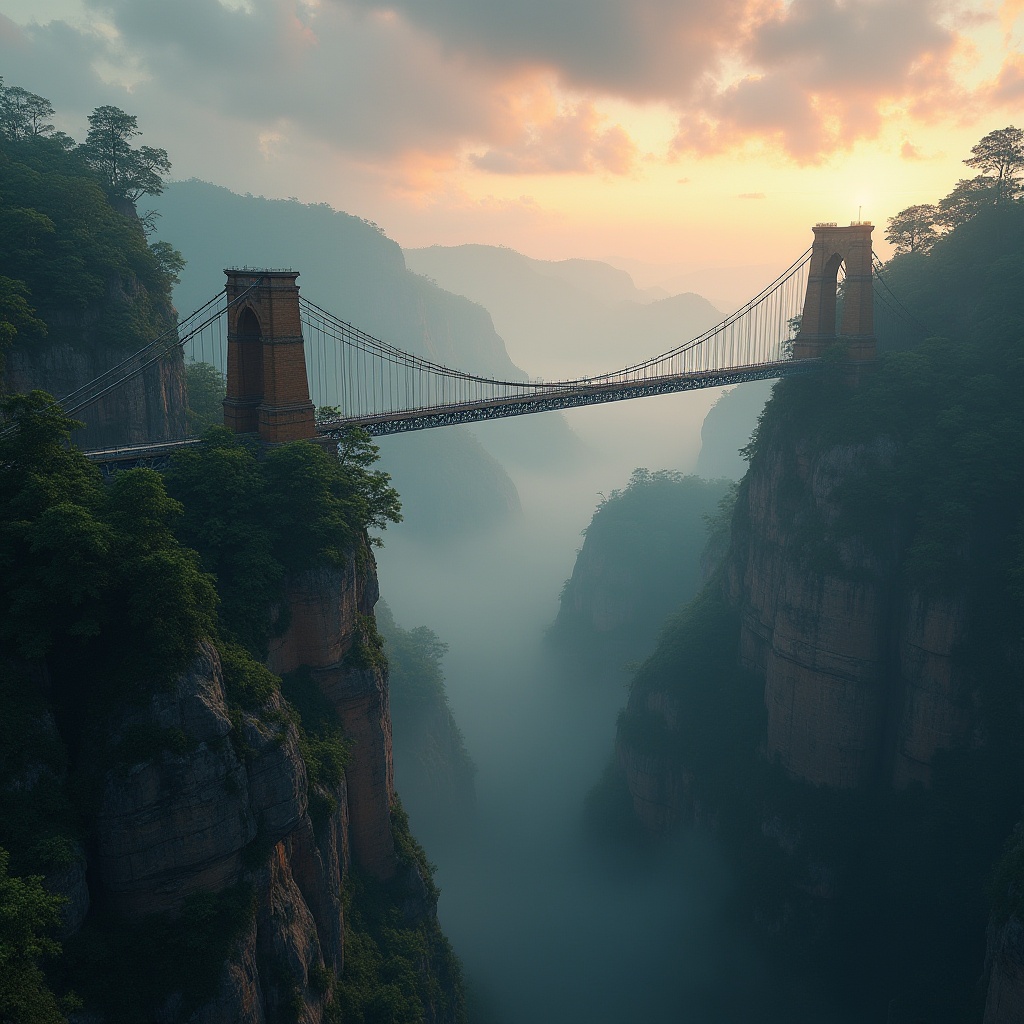 Prompt: Plateau landscape, mountainous terrain, rugged cliffside, suspension bridge, modern architecture, steel cables, concrete pillars, vast expanse of greenery, misty atmosphere, low-hanging clouds, dramatic sunset, warm ambient lighting, cinematic composition, aerial view, 3/4 angle, detailed texture, realistic structure.