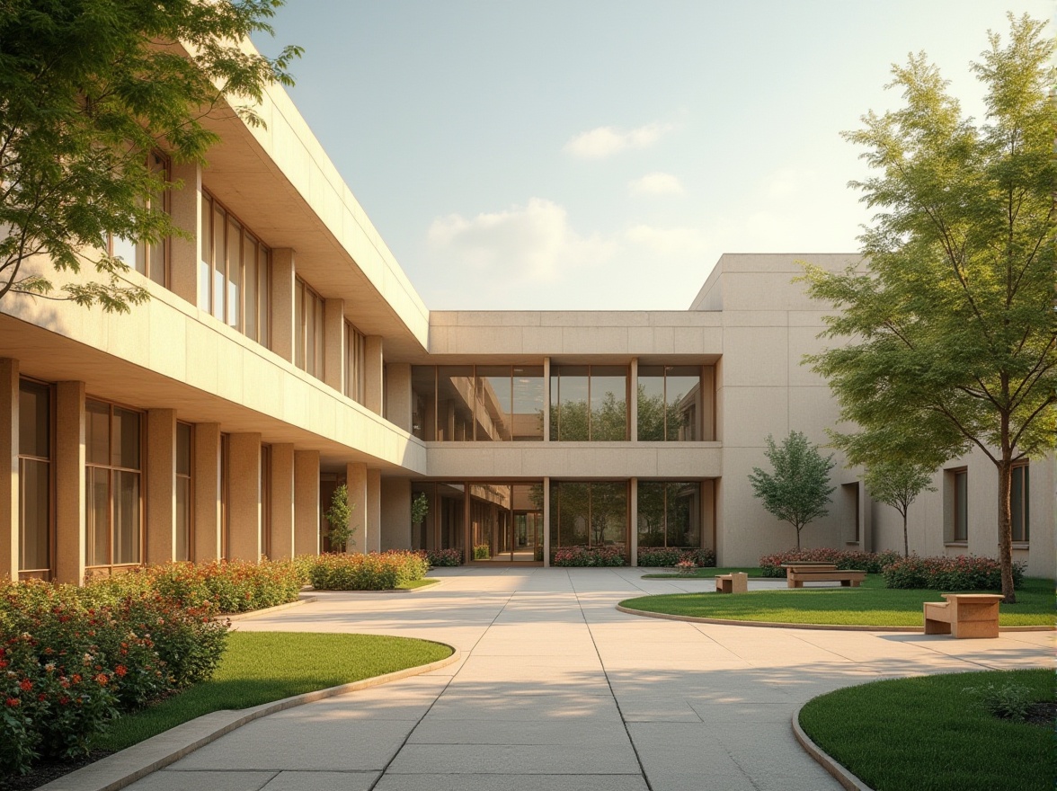 Prompt: Beige school building, modern architecture, clean lines, minimalist design, large windows, natural light, warm beige tone, smooth concrete walls, rectangular shape, flat roof, subtle texture, gentle curves, harmonious proportions, peaceful courtyard, lush greenery, vibrant flowers, wooden benches, soft shadows, warm afternoon lighting, 3/4 composition, shallow depth of field.