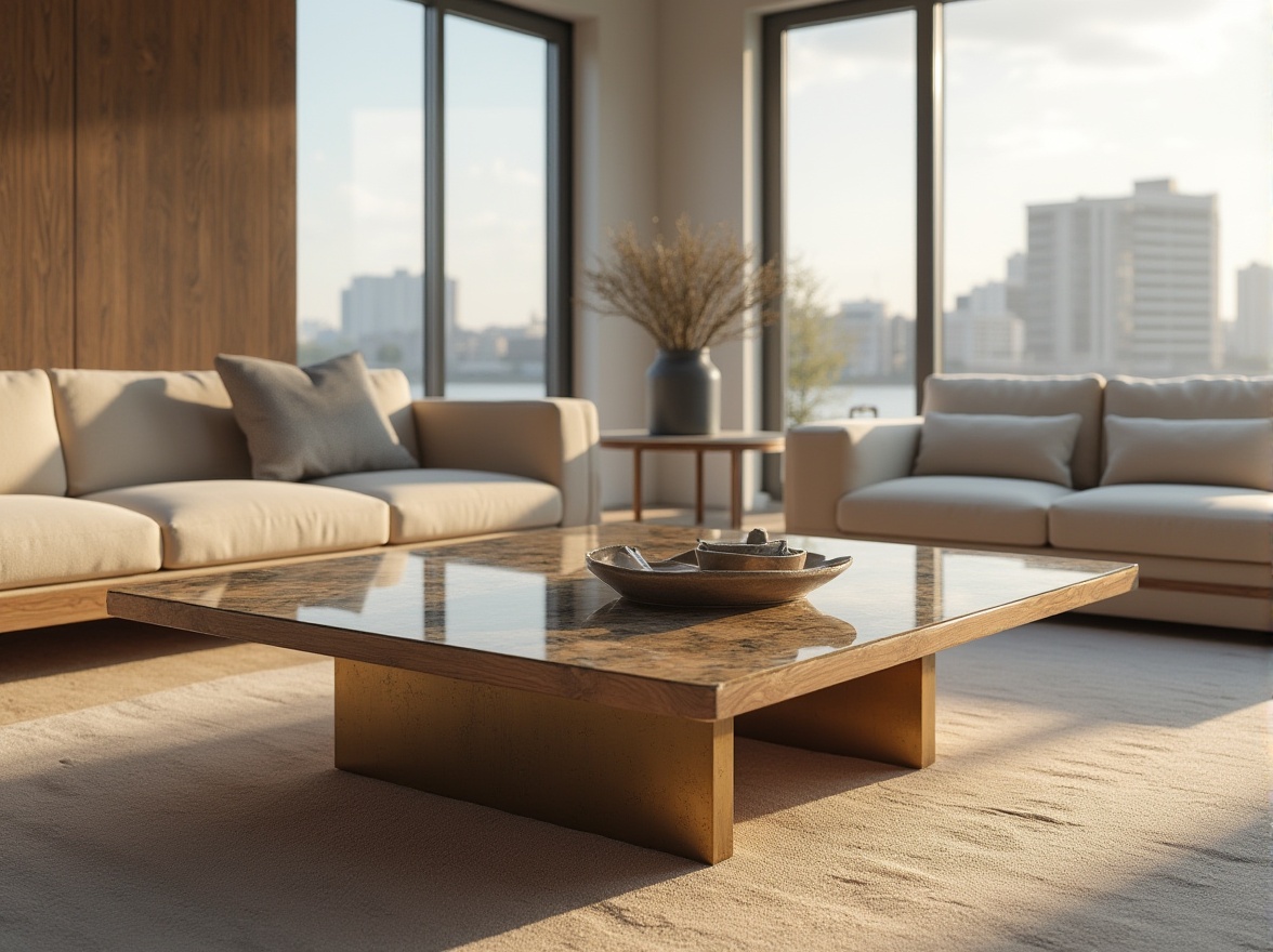 Prompt: Sand-casted materials, furniture design, modern interior, luxurious living room, beige sofa, wooden coffee table, sand-blasted metal legs, glass top, natural light, large windows, city view, urban landscape, 3/4 composition, shallow depth of field, softbox lighting, afternoon sunlight.