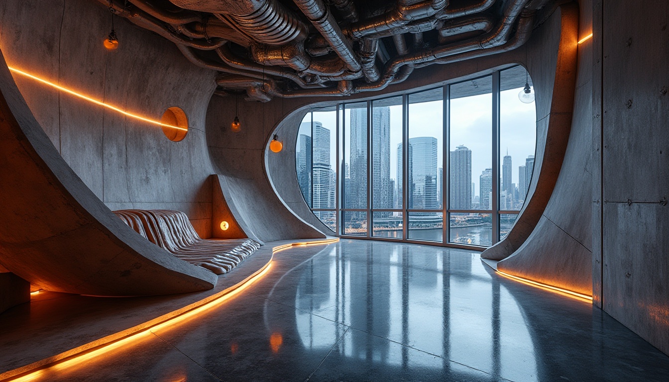 Prompt: Fabric constructivism design, futuristic interior, abstract shapes, metallic textiles, neon lights, reflective surfaces, urban landscape, cityscape, skyscraper, concrete walls, industrial pipes, avant-garde architecture, 3/4 composition, low-angle shot, dramatic lighting, HDR.