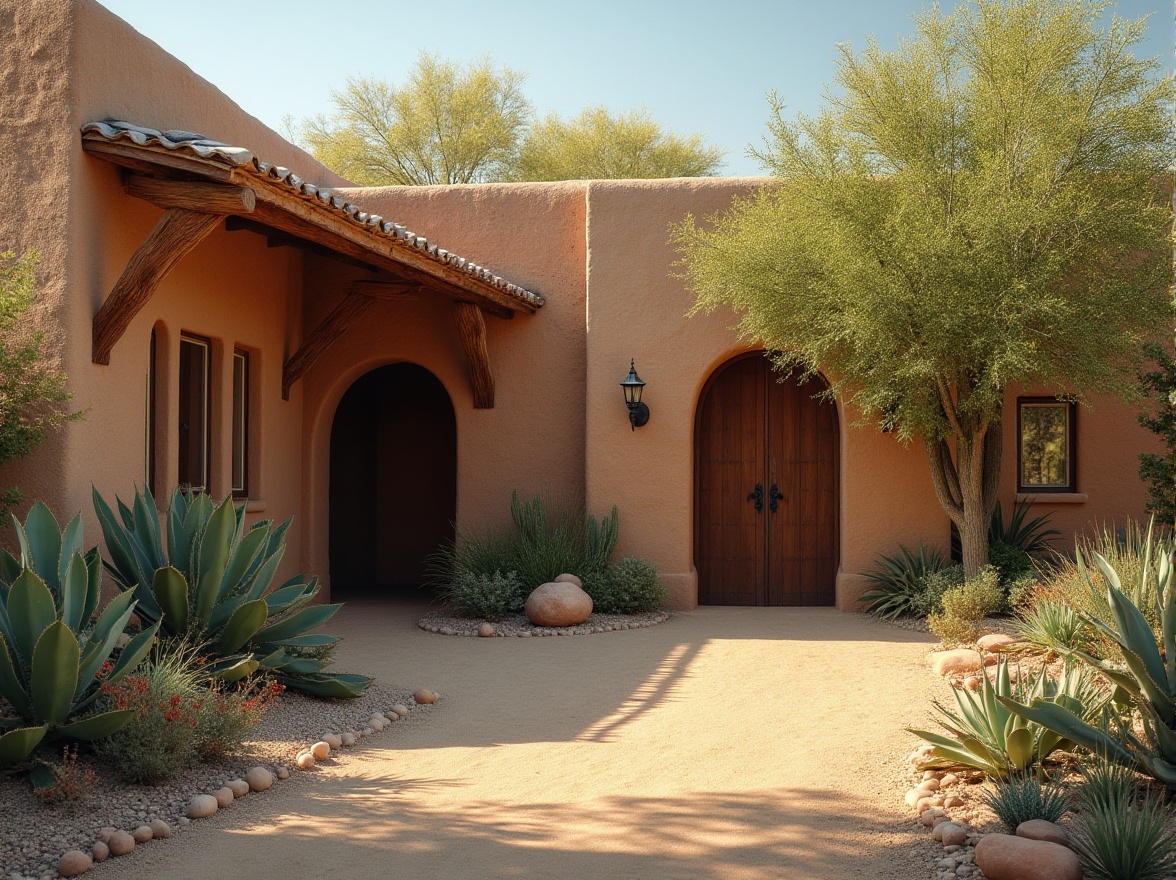 Prompt: Southwestern US, clinic building, adobe structure, earthy tone, rough stone walls, wooden beams, clay roof tiles, arched windows, ornate iron door handles, lush greenery surroundings, cacti, succulents, desert flowers, sandy path leading to entrance, warm golden lighting, soft shadows, rustic, natural materials, organic forms, tranquil atmosphere.