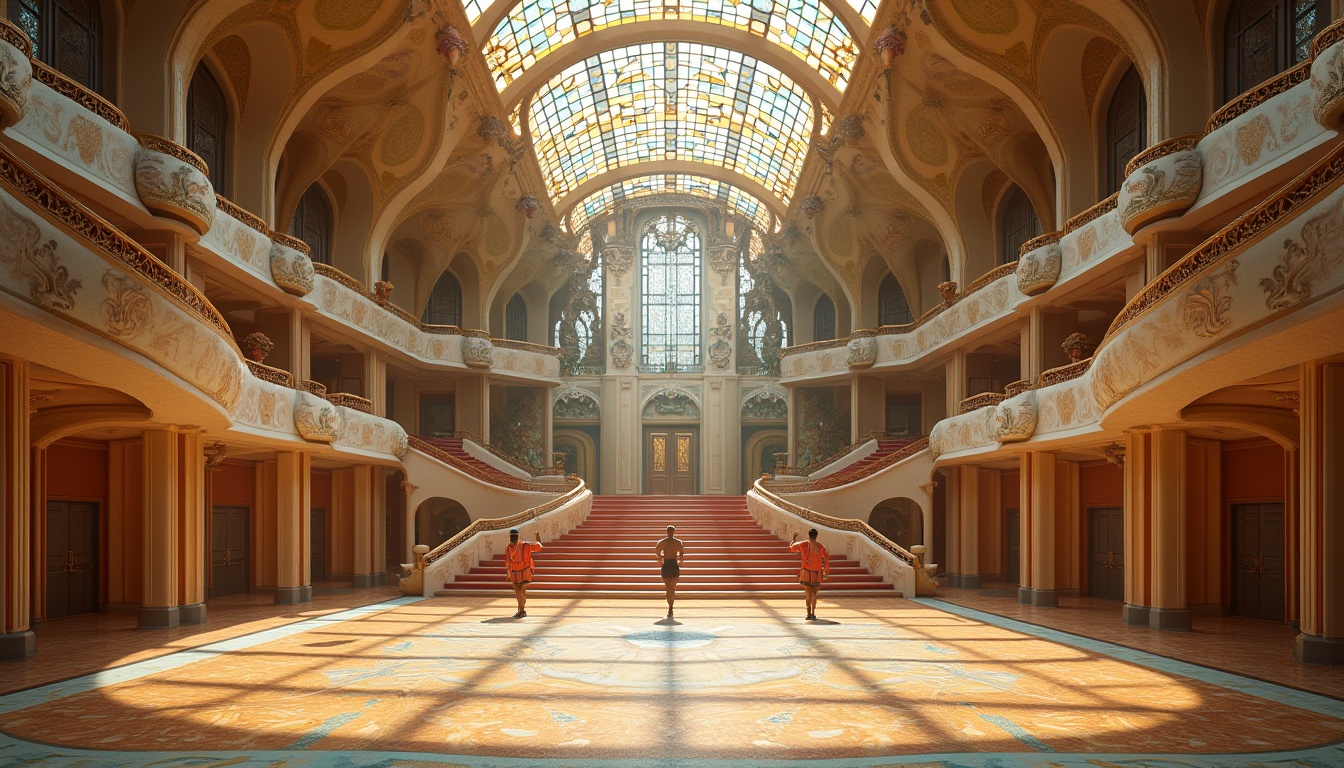 Prompt: Art Nouveau style, unique gymnasium design, ornate ironwork, flowing curves, organic forms, sinuous lines, grand staircase, stained glass ceiling, mosaic flooring, warm wood tones, athletic equipment in elegant shapes, gymnasts in motion, dynamic poses, soft natural light, high ceilings, elegant arches, floral patterns, luxurious materials, vibrant colors, 3/4 composition, symmetrical framing, warm ambient lighting.