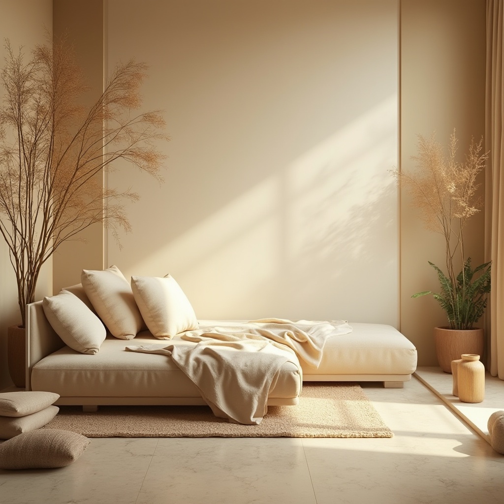 Prompt: Calming beige healing space, serene ambiance, minimal decor, comfortable couch, soft cushions, gentle lighting, warm beige walls, natural textures, wooden accents, peaceful plants, subtle aromatherapy, calming soundscapes, gentle water features, soothing colors, relaxed atmosphere, natural light pouring in through large windows, open space, minimalist composition, shallow depth of field, soft focus, earthy tones, organic shapes, healthy living, wellness retreat.