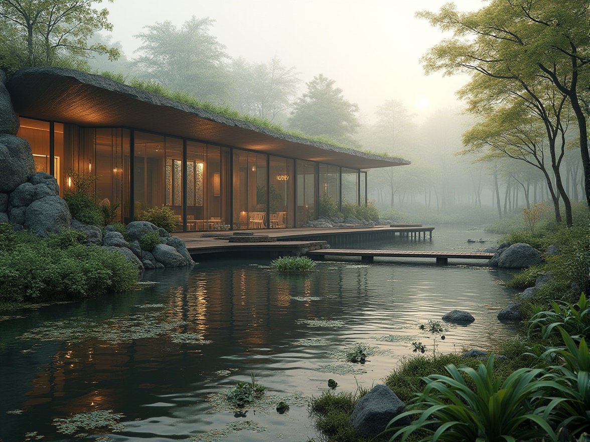 Prompt: Wetland architecture, modern ecological building, bronze accents, metallic sheen, reflective surfaces, water features, natural stone walls, lush greenery surroundings, misty atmosphere, warm soft lighting, panoramic view, 3/4 composition, shallow depth of field, rustic wooden bridges, winding boardwalks, aquatic plants, rippling water effects.