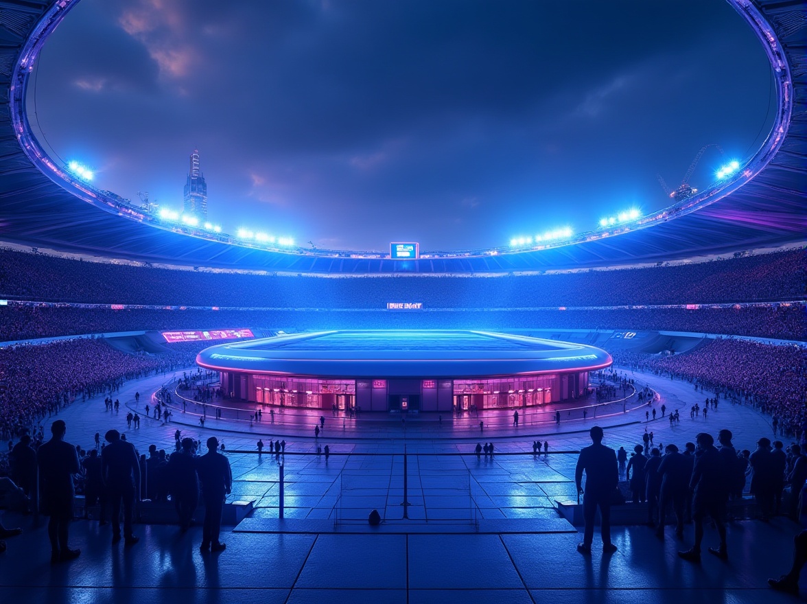 Prompt: Stadium design, blue violet color scheme, modern architecture, futuristic structure, sleek lines, vibrant atmosphere, evening game scene, floodlights shining down, cheering crowd, excited fans, dynamic angle, low-angle shot, symmetrical composition, dramatic lighting, intense mood, electric ambiance, urban landscape, cityscape backdrop.