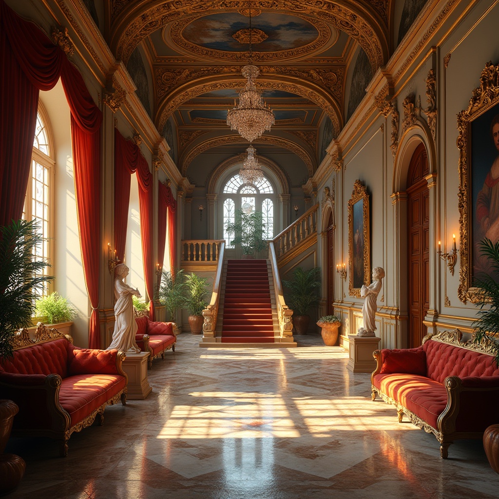 Prompt: Renaissance style interior, luxurious palace, ornate decorations, golden frames, velvet drapes, marble floors, crystal chandeliers, grand staircase, spacious hallways, intricate carvings, rich fabrics, regal atmosphere, warm lighting, intimate seating areas, lavish furnishings, wooden paneling, frescoed ceilings, ornamental mirrors, elegant archways, statues, plants, vases, Renaissance-inspired sculptures, afternoon sunbeams streaming through stained glass windows, dramatic shadows.