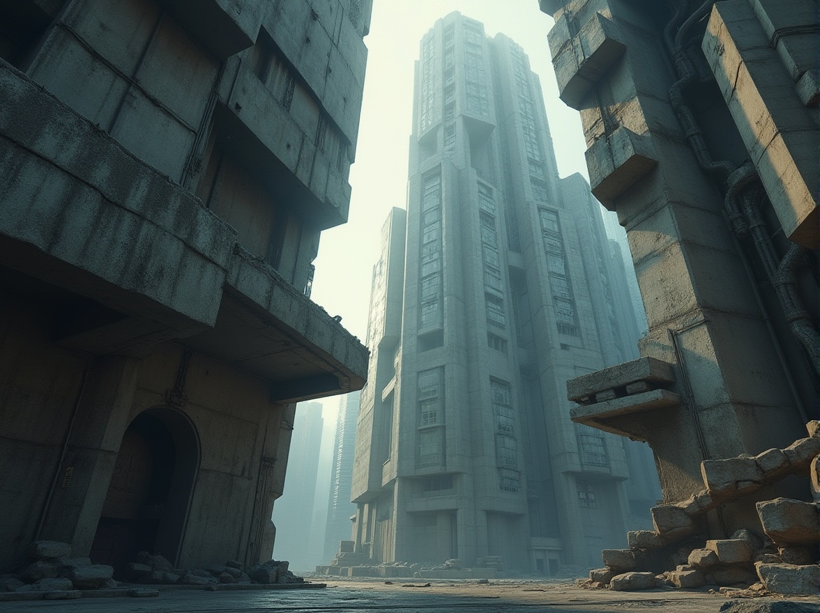 Prompt: Brutalist skyscraper, futuristic cityscape, concrete jungle, geometric shapes, rugged texture, bold angular lines, fortress-like structure, cantilevered floors, exposed ductwork, industrial pipes, raw unfinished interior, urban oasis, metropolitan backdrop, dramatic lighting, low-angle shot, cinematic composition, 3/4 view, atmospheric haze.