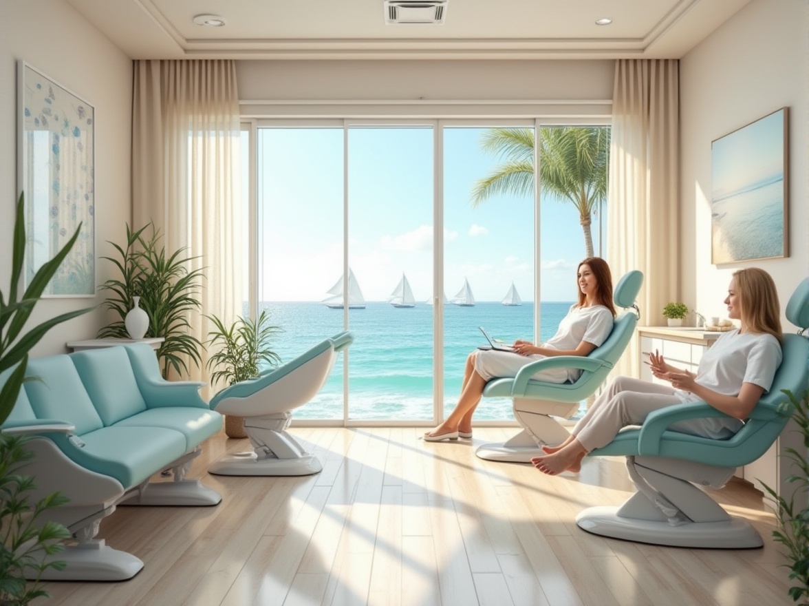 Prompt: Beach-inspired dental clinic, modern minimalist interior, calming atmosphere, white walls, light wood accents, driftwood decorations, ocean-blue chairs, sandy-beige floors, seashell-patterned curtains, floor-to-ceiling windows, natural sunlight, panoramic ocean view, calm waves, sailboats in the distance, tropical plants, soft instrumental background music, gentle sea breeze sound effects, dentist in a white coat, smiling, holding a dental mirror, patients relaxing in chairs, seaside-inspired artwork on walls, warm and inviting lighting.