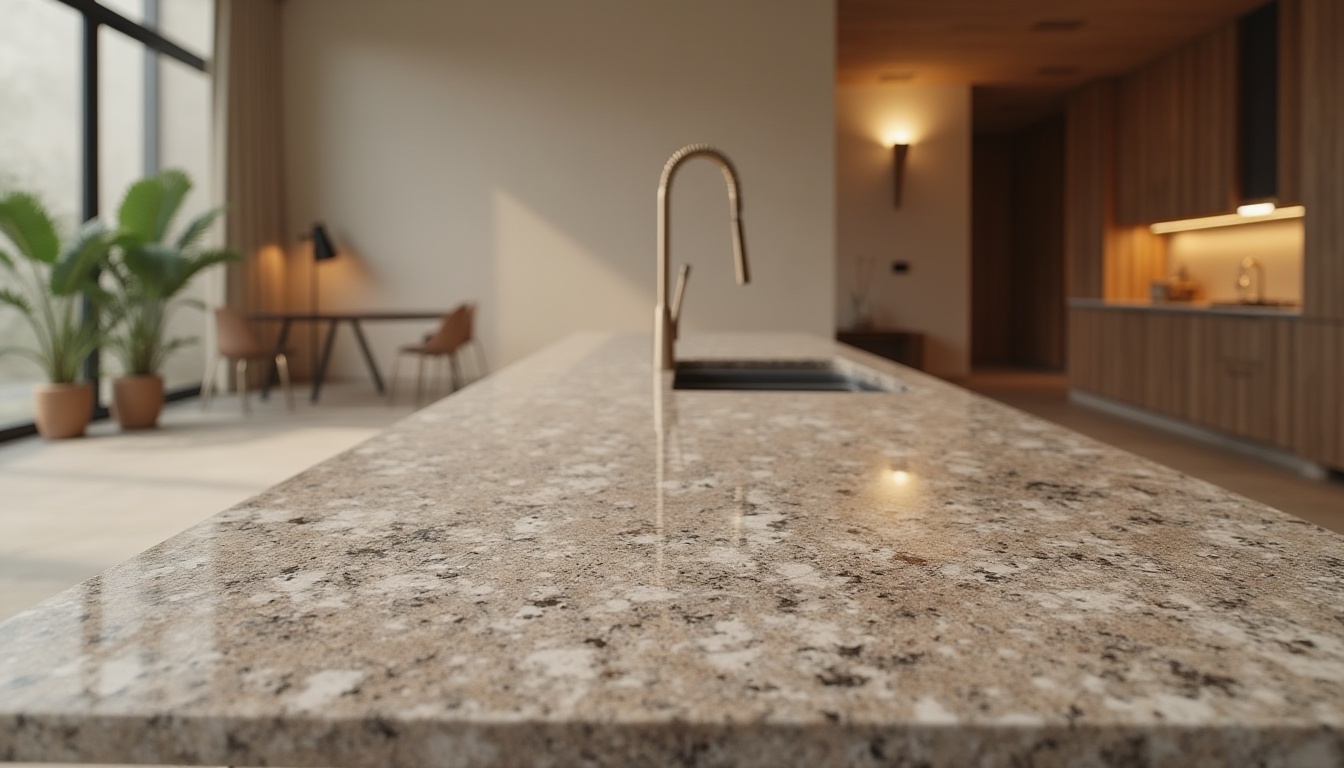 Prompt: granite material, luxurious, high-end, polished surface, flecked pattern, earthy tone, durability, aesthetic appeal, modern architecture, sleek lines, minimalist decor, spacious interior, natural light, indirect lighting, 3/4 composition, shallow depth of field, warm color palette, soft focus, still life photography.