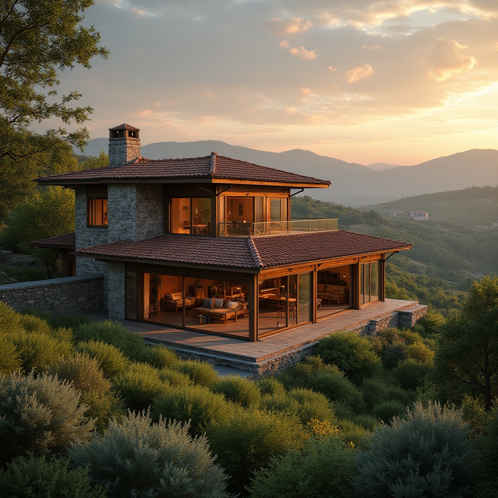 Prompt: Rural penthouse, modern farmhouse, wooden structure, stone walls, clay roof tiles, large windows, sliding glass doors, open floor plan, high ceilings, exposed beams, industrial lighting, minimalist decor, nature-inspired color palette, lush greenery surroundings, rolling hills, distant mountains, sunrise view, panoramic vista, birds-eye perspective, warm natural light, soft shadows, 3/4 composition, cinematic atmosphere.