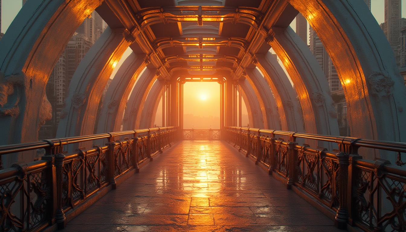 Prompt: Art Deco bridge, luxurious, curved lines, geometric patterns, metallic materials, ornate railings, grand arches, urban cityscape, sunset, warm golden light, dramatic shadows, misty atmosphere, romantic ambiance, majestic structure, intricate details, symmetrical composition, low-angle shot, cinematic lighting, vibrant colors.