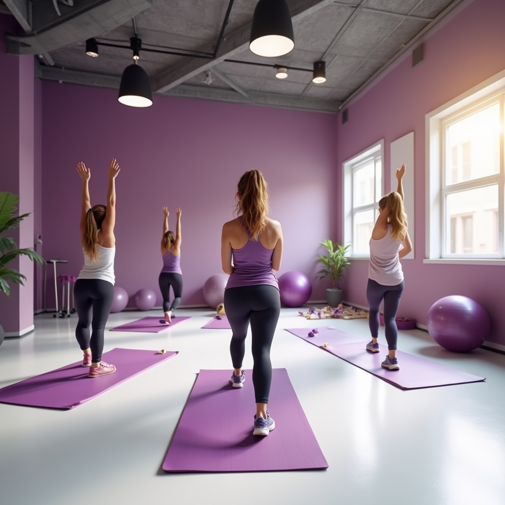 Prompt: Modern gymnasium interior, plum color accent walls, bold contrast with white floors, wooden sports equipment, vibrant purple fitness balls, plum-colored yoga mats, athletic girls, sporty ponytails, sweatbands, tank tops, leggings, sneakers, dynamic poses, stretching, exercising, weightlifting, panoramic view, 3/4 composition, softbox lighting, morning sunlight streaming through large windows, airy atmosphere, depth of field.