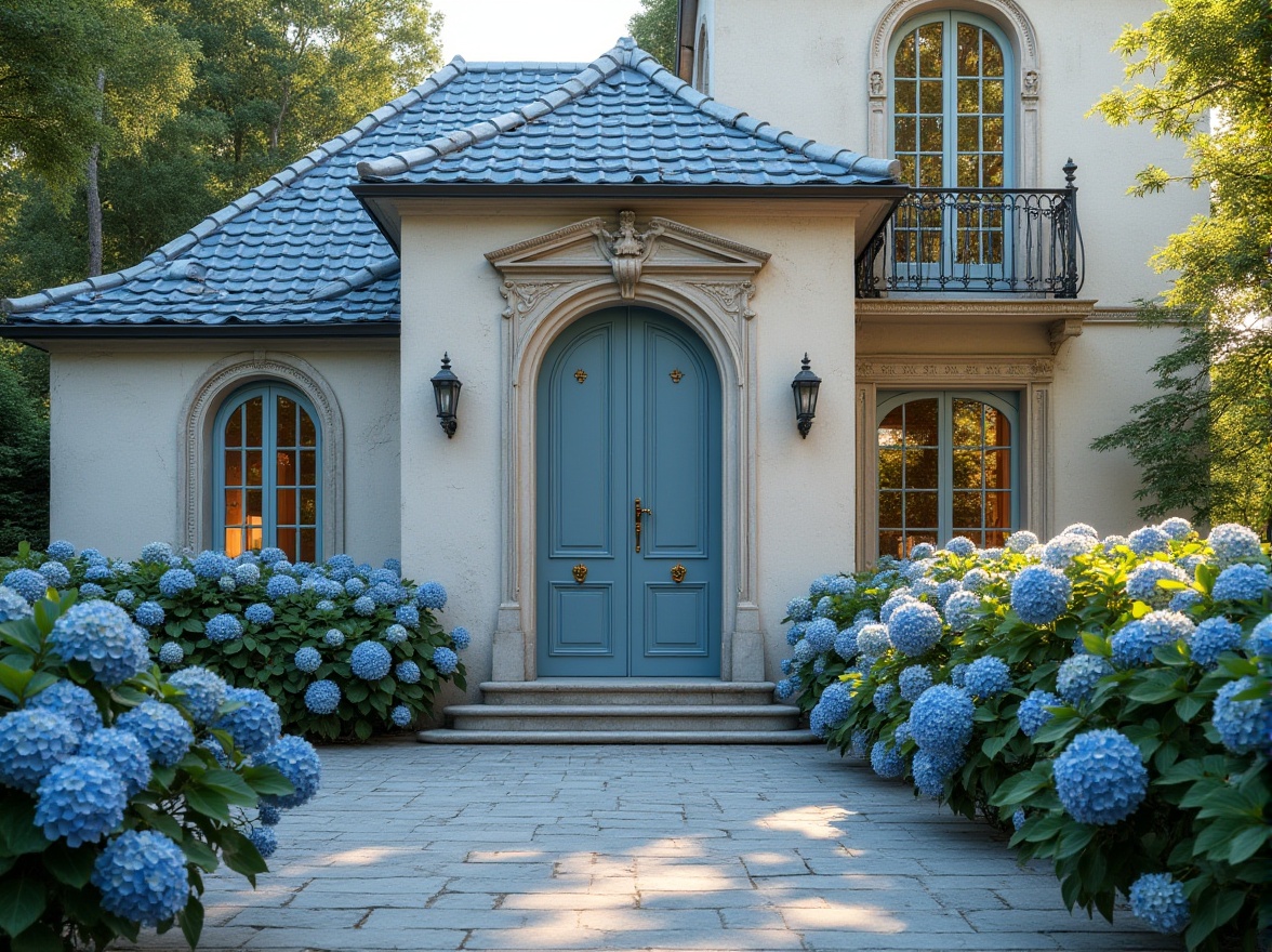 Prompt: Classic residential building, blue roof tiles, white walls with subtle cracks, ornate stone carvings, grand entrance door with bronze handles, blue-gray granite pavement, lush greenery, blooming blue hydrangeas, delicate ironwork balcony railings, soft afternoon sunlight casting long shadows, 3/4 composition, warm color palette, realistic textures, European-inspired architecture, serene atmosphere.