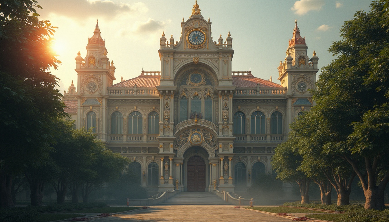 Prompt: Ornate energy plant, Baroque style, grandiose architecture, intricate stone carvings, golden decorations, dramatic lighting, high-arched windows, ornamental clock tower, majestic entrance, symmetrical composition, lush greenery surroundings, misty atmosphere, warm color tone, cinematic depth of field, highly detailed textures, morning sun rays, subtle fog effect.