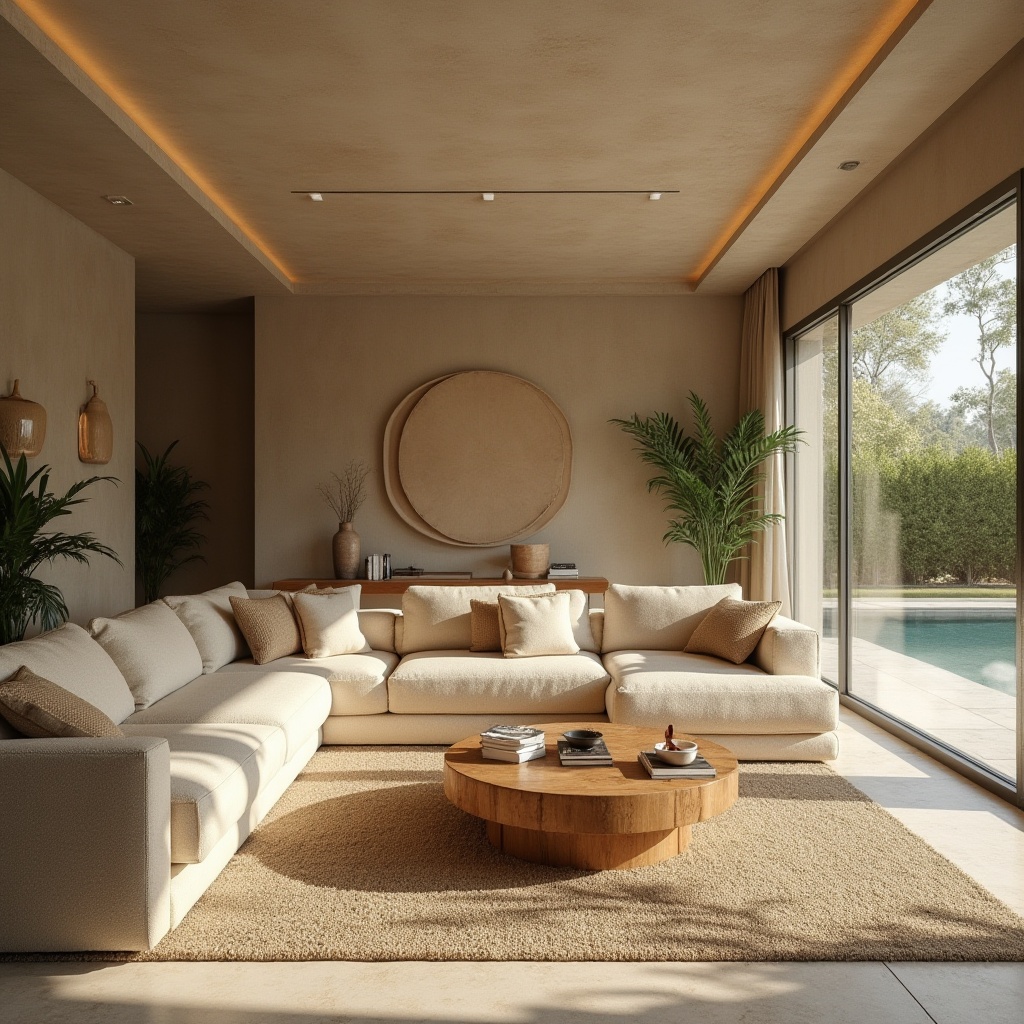 Prompt: natural, earthy tone, sand-casted material, modern minimalist interior design, luxury villa, spacious living room, floor-to-ceiling windows, rustic wooden coffee table, beige sectional sofa, potted plants, natural light pouring in, warm ambiance, 3/4 composition, shallow depth of field, soft focus on the background.