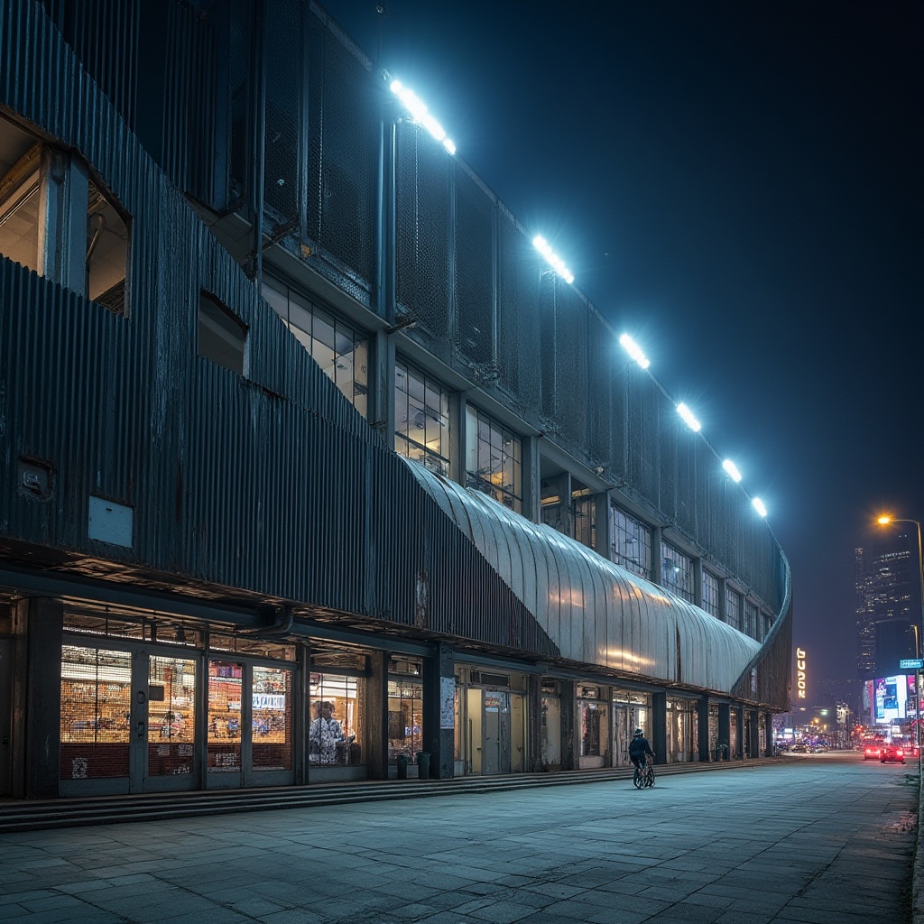 Prompt: Modern stadium, corrugated iron exterior, wavy metal texture, industrial structure, sleek lines, angular architecture, floodlights, nighttime lighting, dramatic shadows, dynamic composition, low-angle shot, urban cityscape background, bustling streets, blurred pedestrians, vibrant billboard advertisements, concrete pavement, steel beams, metallic latticework, rusty bolts, weathered surface, atmospheric mist, high-contrast HDR.