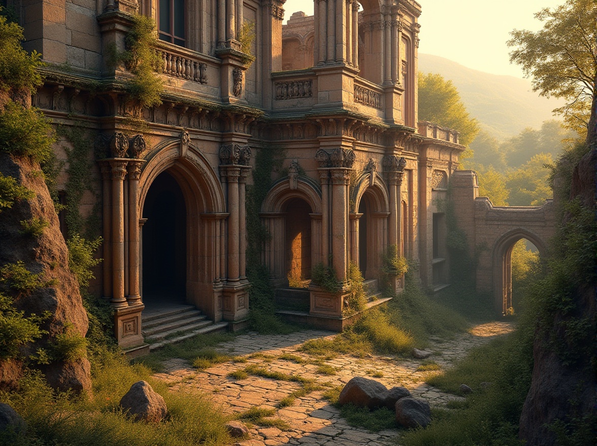 Prompt: Sandstone building, ancient, rustic, weathered, brown-beige color, intricate carvings, ornate columns, grand entrance, arches, Gothic style, medieval atmosphere, abandoned, overgrown with vines, moss, and wildflowers, warm sunset lighting, dramatic shadows, high-angle shot, 3/4 composition, cinematic depth of field.