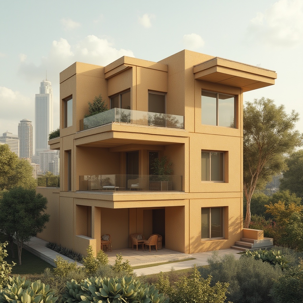 Prompt: Ocher color, architectural design, modern building, urban landscape, cityscape, warm beige tone, earthy atmosphere, natural stone walls, large windows, minimalist decor, sleek lines, flat roof, greenery, balcony, metropolitan area, downtown, daytime, soft focus, shallow depth of field, cinematic composition.