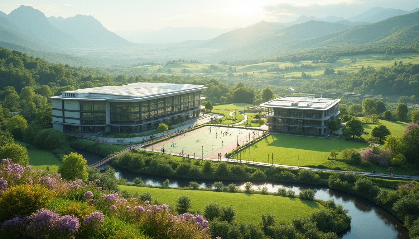 Prompt: Valley landscape, rolling hills, green meadows, serene atmosphere, modern school building, curved lines, glass facade, solar panels, rooftop garden, students playing soccer, running tracks, basketball court, playground equipment, vibrant flowers, blooming trees, winding streams, wooden bridges, distant misty mountains, warm afternoon sunlight, soft focus, cinematic composition, shallow depth of field.