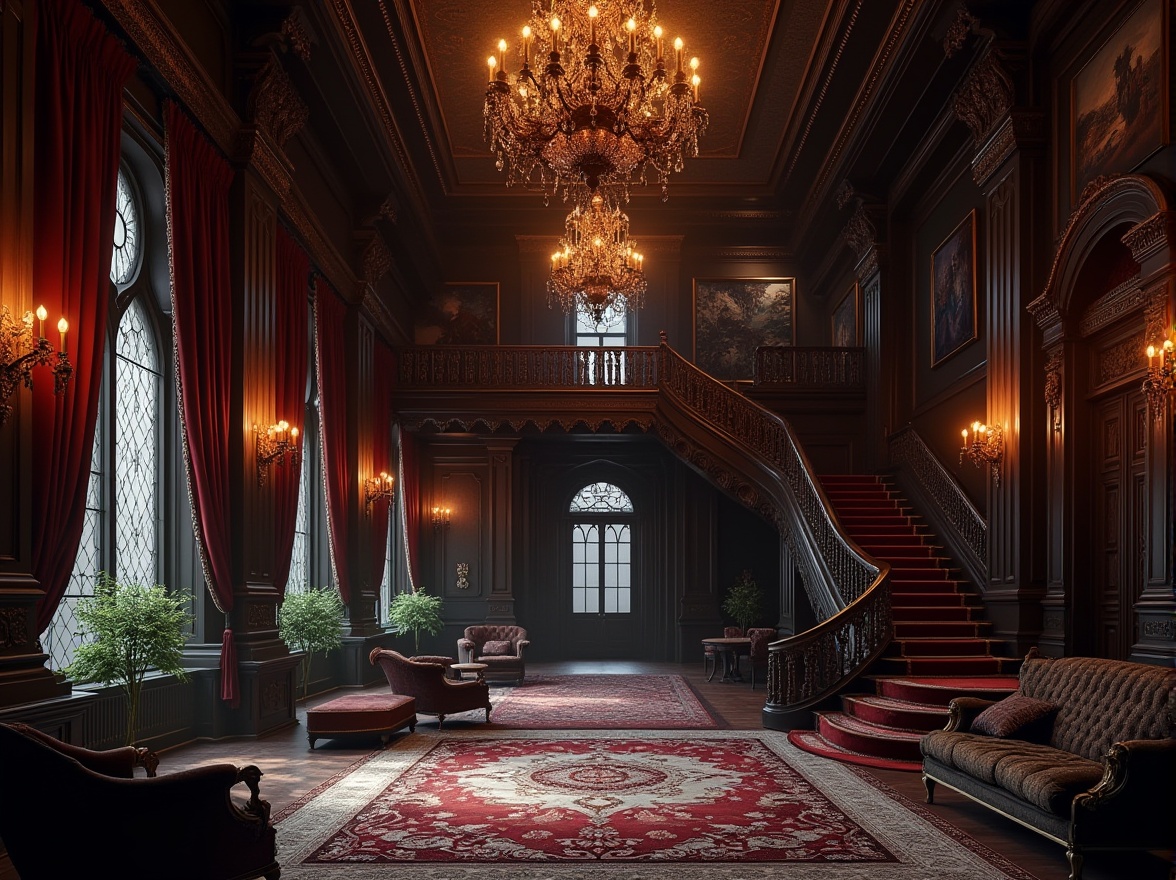 Prompt: Luxurious gothic hotel lobby, grand chandelier, mysterious dark wood paneling, ornate furnishings, velvet drapes, tassel trim, brocade upholstery, heavy silk curtains, intricate lace details, lavish carpets, ornamental metalwork, mysterious atmosphere, warm dim lighting, dramatic high ceiling, grand staircase, luxurious seating area, opulent fabrics, mysterious shadows.