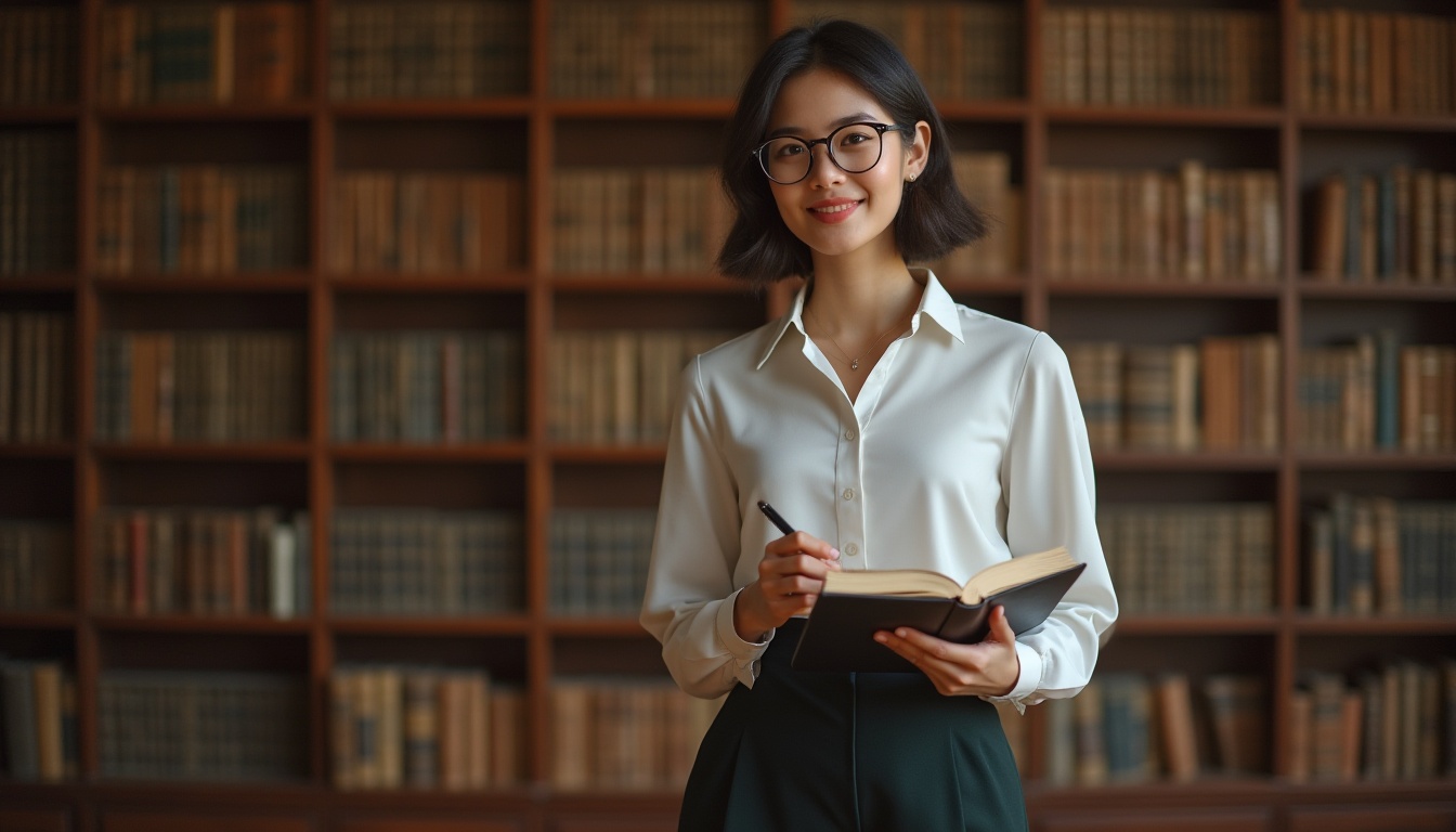 Prompt: Modern academic lady, elegant blouse, pencil skirt, high heels, glasses with thin frames, neat bob haircut, minimal makeup, subtle smile, standing confidently, one hand holding a book, the other grasping a pen, classic library background, wooden shelves, old books, soft warm lighting, 3/4 composition, shallow depth of field, film grain texture.