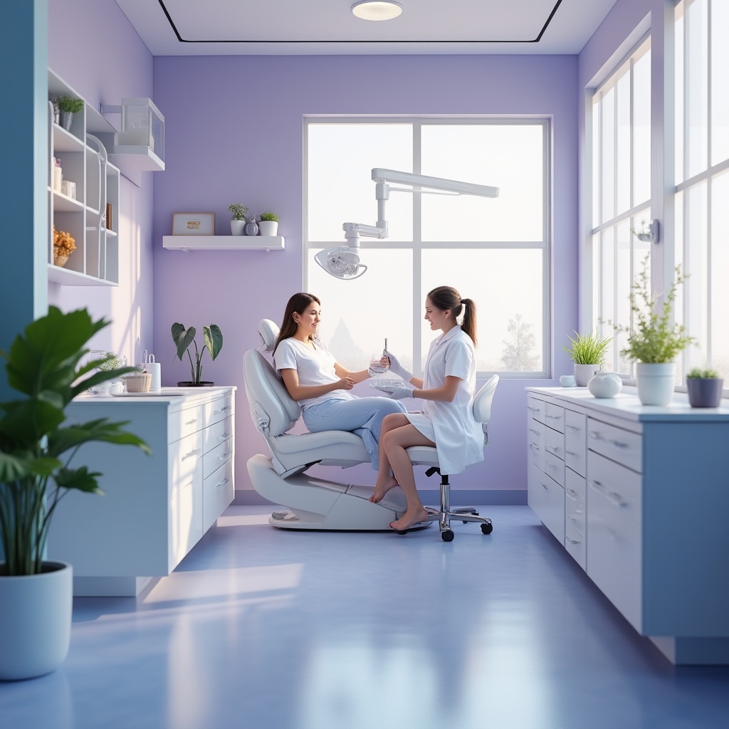 Prompt: Dental clinic, modern interior design, calming atmosphere, lavender blue walls, soft pastel furniture, gentle curves, sleek lines, minimalist decor, peaceful ambiance, dentist chair, dental equipment, plants with green leaves, natural light pouring through large windows, 3/4 composition, warm lighting, shallow depth of field, relaxed patient, smiling dentist, sterile white coat, gentle hands, calming music playing softly in the background.