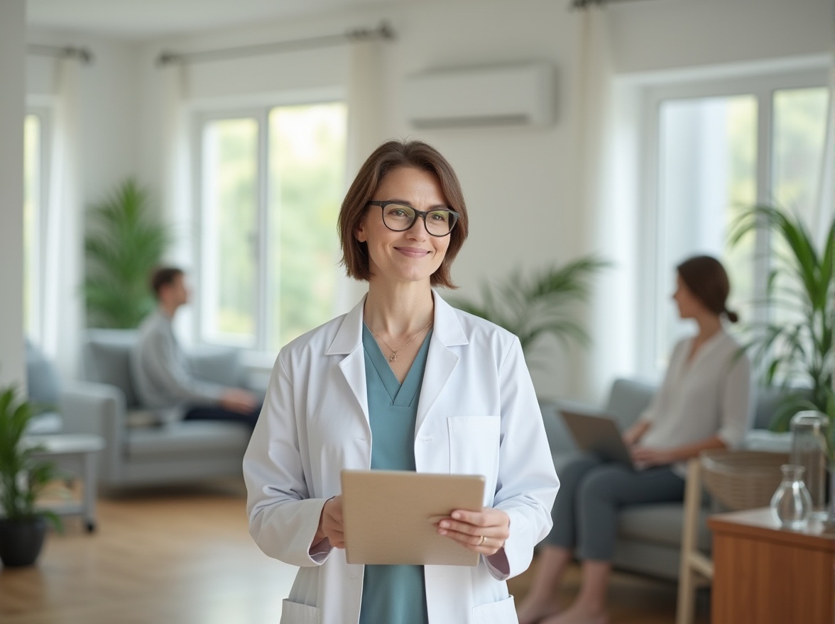 Prompt: Modern rehabilitation center, sleek interior design, white walls, large windows, natural light pouring in, wooden floors, comfortable sofas, minimal decor, subtle color scheme, calm atmosphere, professional medical equipment, stainless steel machinery, soft lighting, 3/4 composition, facial close-up, shallow depth of field, mature lady therapist, gentle smile, glasses perched on nose, short brown hair, white coat, clipboard in hand, patient sitting across, hopeful expression, green plants nearby, wooden desk with laptop, water bottles, subtle shadows.