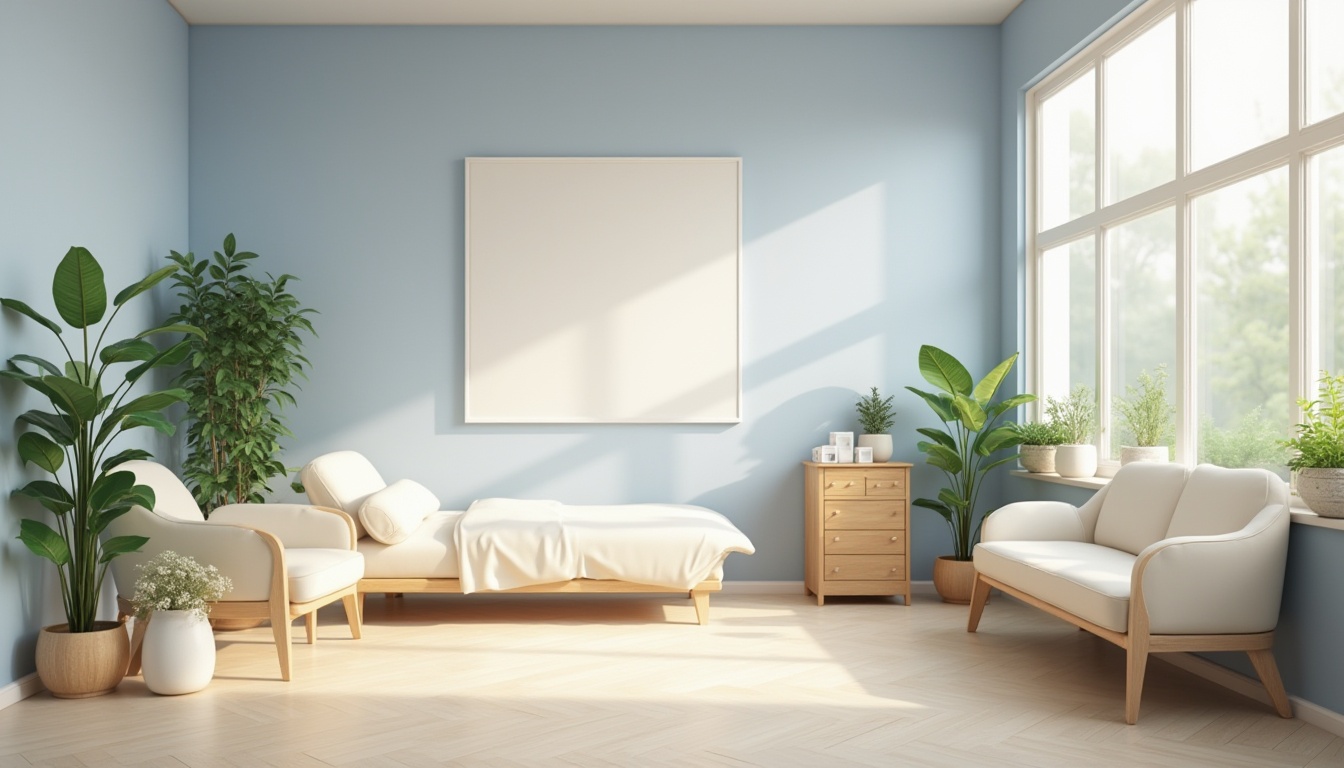 Prompt: calming atmosphere, healthcare facility, medical office, hospital room, therapist's room, soothing lavender blue walls, soft cream furniture, wooden accents, plants with green leaves, natural light pouring through large windows, minimal decor, simple lines, clean design, peaceful ambiance, warm beige floor, comfortable seating area, gentle lighting, calming colors, nature-inspired artwork, serene background, shallow depth of field, realistic rendering, warm color temperature.