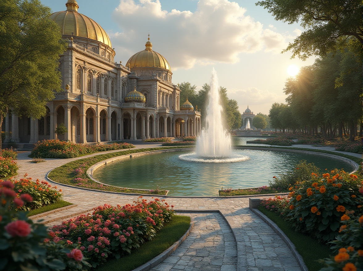 Prompt: Byzantine-inspired park, grand fountain, intricate mosaics, golden domes, ornate columns, lush greenery, vibrant flowers, meandering walkways, tranquil ponds, serene ambiance, warm afternoon lighting, dramatic shadows, 3/4 composition, soft focus, romantic atmosphere.