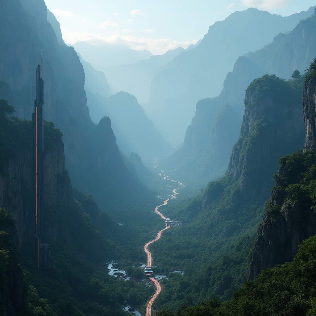 Prompt: Valley landscape, futuristic architecture, sleek lines, metallic materials, neon lights, misty atmosphere, fog rolling in, majestic mountains, lush greenery, winding roads, dramatic cliffs, panoramic view, 3/4 composition, cinematic lighting, ambient soundscape, mystical ambiance.