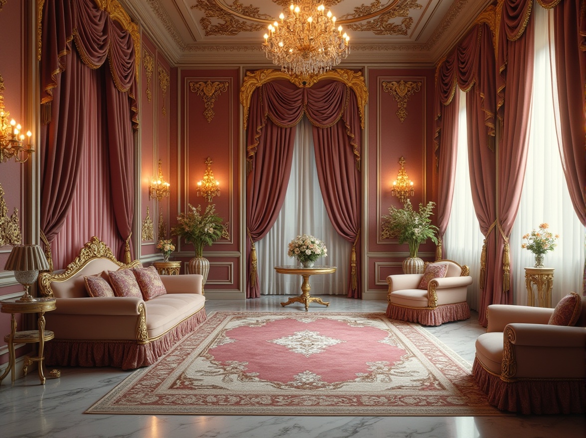 Prompt: Classic, ornate, luxurious interior design, Victorian era inspiration, rich fabrics, velvety smooth texture, intricate embroidery, floral patterns, golden thread accents, ornamental lace, soft silk drapes, heavy velvet curtains, marble flooring, crystal chandelier, lavish furnishings, detailed wood carvings, warm candlelight, 3/4 composition, shallow depth of field.