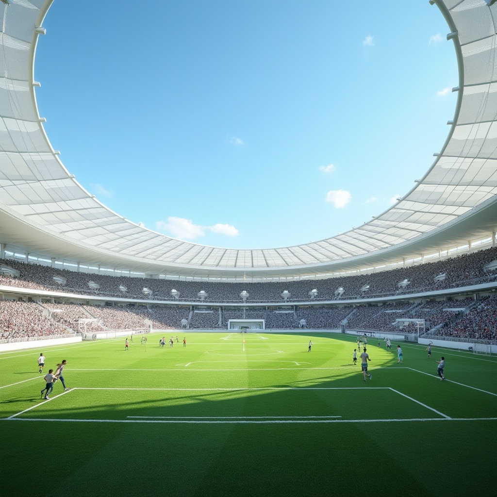 Prompt: Modern stadium, daytime, sunny weather, clear blue sky, polyethylene materials, durable and flexible, used for roofing, translucent canopy, allowing natural light, reducing energy consumption, sleek and futuristic architecture, sharp angles, vibrant green grass, players running on the field, cheering crowd in the background, sports equipment scattered around, goalposts, footballs, athletic tracks, HDRI lighting, 3/4 composition, soft focus on the polyethylene roof.