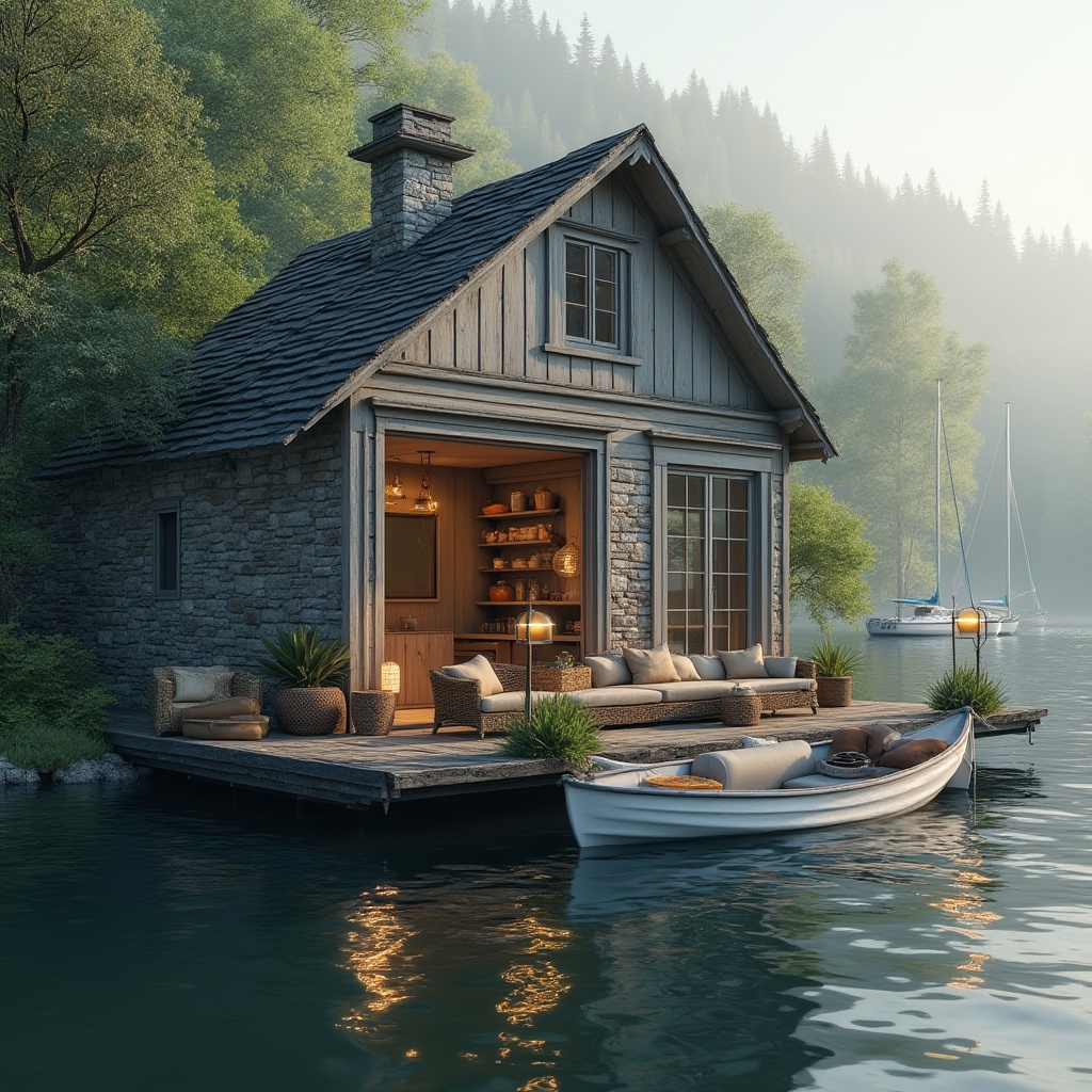 Prompt: Boathouse, gray exterior, wooden structure, lake scenery, calm atmosphere, afternoon sunlight, gentle ripples on water surface, surrounding lush greenery, tall trees, few sailboats nearby, soft misty background, vintage lanterns, rustic stone walls, cozy interior, warm lighting, comfortable furniture, woven baskets, natural textiles, serene ambiance.