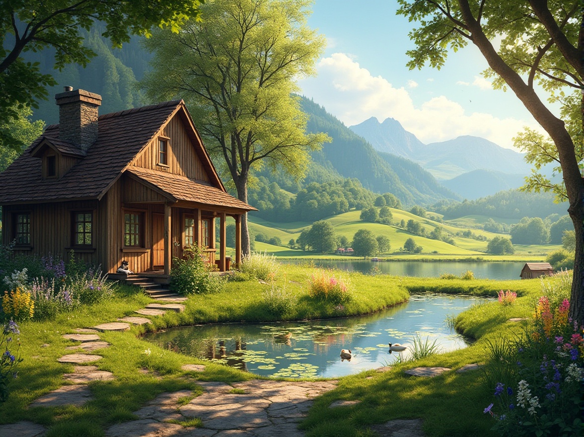 Prompt: Harmonious rural environment, sunny afternoon, gentle breeze, rolling hills, lush green pastures, wildflowers blooming in vibrant colors, a small wooden cottage with smoke rising from chimney, surrounded by tall trees providing shade, a lazy cat sleeping on windowsill, a winding stone path leading to a nearby pond, water lilies floating on surface, few ducks swimming peacefully, distant mountains creating a serene backdrop, warm and soft ambient lighting, 3/4 composition, cinematic feel.