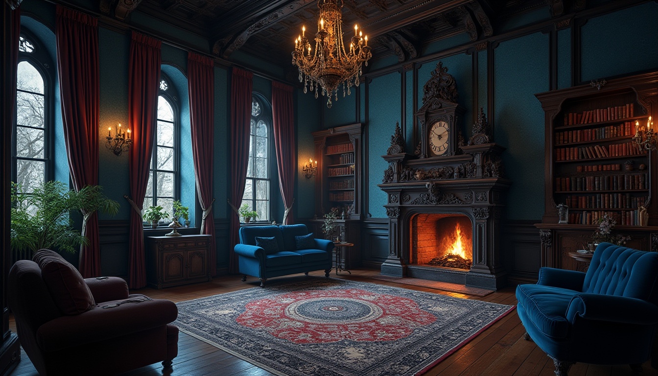 Prompt: Dark academia, gothic interior, navy blue walls, mysterious atmosphere, ornate wooden furniture, intricate carvings, grand chandelier, luxurious velvet drapes, mysterious ancient artifacts, old leather-bound books, dimly lit, warm golden lighting, dramatic shadows, vintage rug, elegant stone fireplace, mysterious clock tower.