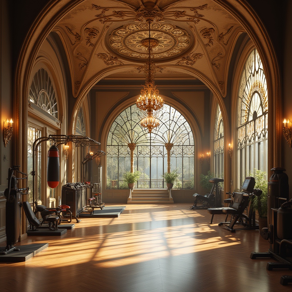 Prompt: Art Nouveau style, gymnasium, luxurious, ornate decorations, flowing lines, organic forms, sinuous curves, floral patterns, intricate ironwork, stained glass windows, grand chandeliers, polished wood flooring, athletic equipment, modern exercise machines, free weights, punching bags, yoga mats, natural light, soft warm color palette, golden accents, detailed textures, high ceilings, open spaces, panoramic view, 3/4 composition, soft focus, cinematic lighting.