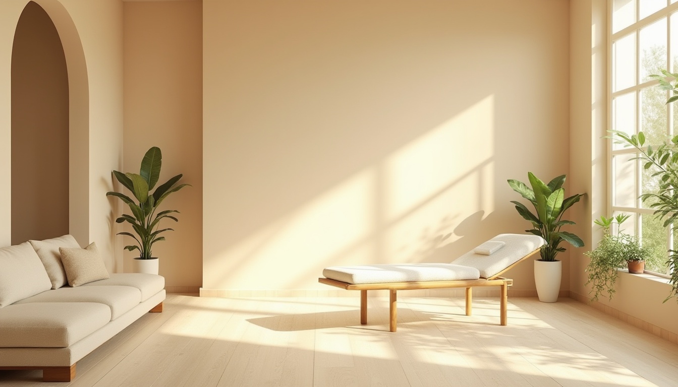 Prompt: Calming beige space, therapy room, soft beige walls, gentle beige furniture, minimalist decor, plants with green leaves, natural light pouring in, warm beige floor, comfortable couch, calming ambiance, serene atmosphere, gentle color palette, healing environment, peaceful mood, relaxation, 3/4 composition, soft focus, warm lighting, natural texture.