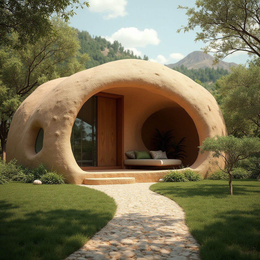 Prompt: Earth architecture, sustainable design, rammed earth material, natural texture, organic shape, curved lines, earthy color palette, greenery surroundings, villa, eco-friendly, environmental awareness, warm lighting, 3/4 composition, shallow depth of field, rustic atmosphere, nature-inspired elements.