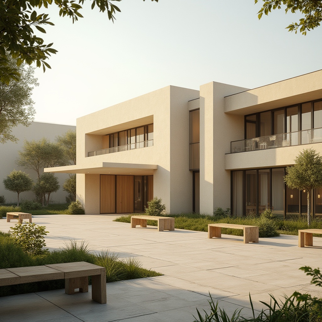 Prompt: Beige school building, modern minimalist architecture, clean lines, rectangular structure, large glass windows, sliding doors, beige stucco walls, flat roof, outdoor courtyard, lush greenery, wooden benches, natural stone flooring, warm beige tone, softbox lighting, subtle shadows, 3/4 composition, serene atmosphere, educational environment, calm ambiance.