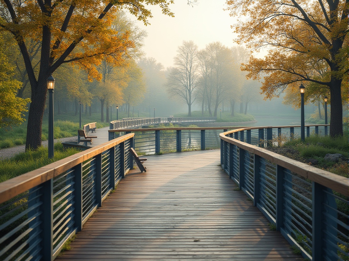 Prompt: Modern pedestrian bridge, curved lines, metallic structure, wooden plank floor, safety railings, park landscape, lush greenery, flower beds, tall trees, serene lake, walking path, benches, morning mist, soft natural light, 3/4 composition, gentle depth of field, vibrant colors, warm atmosphere.