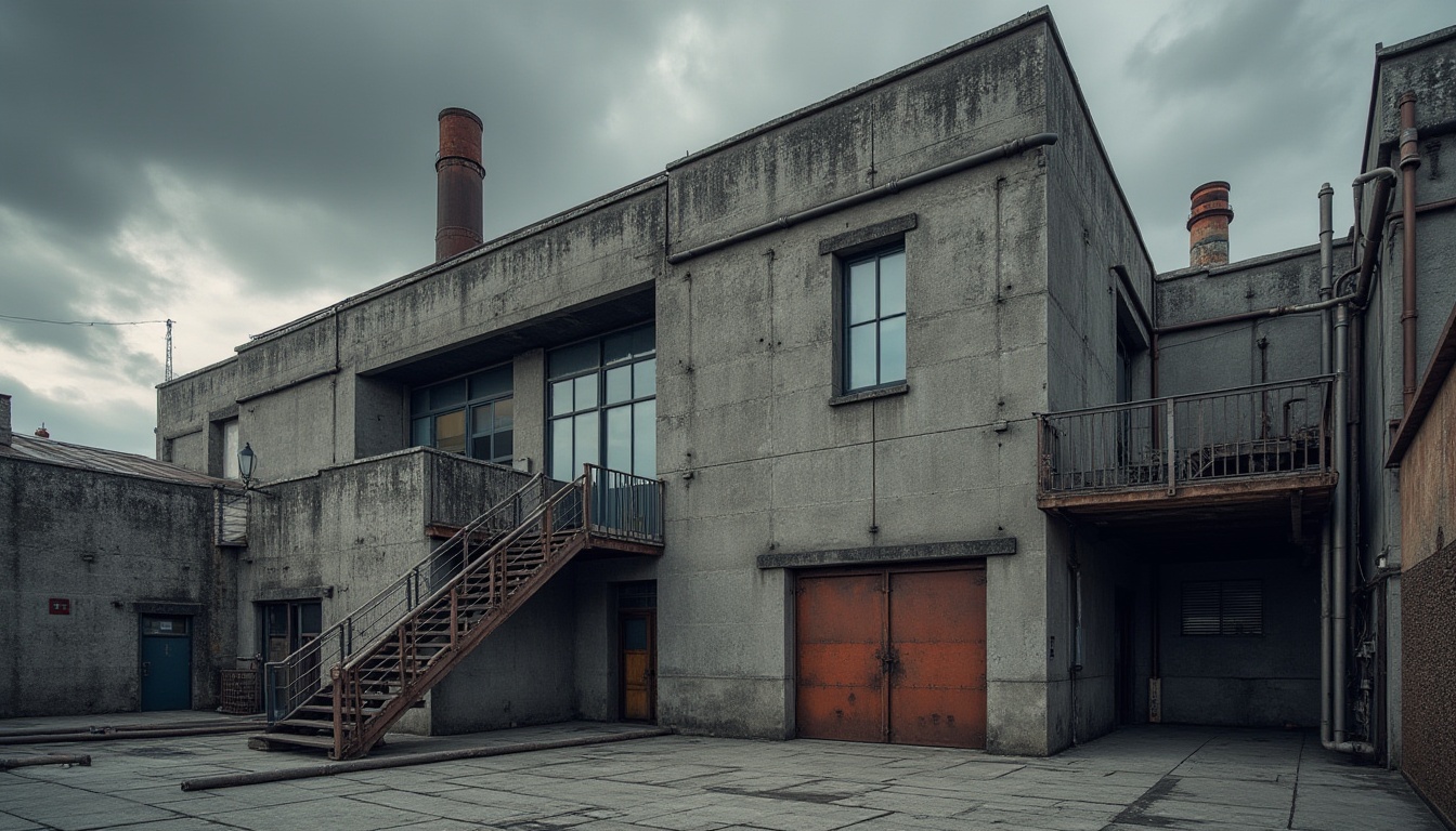 Prompt: Industrial modern architecture, Exploring Factory style, brutalist concrete building, geometric shapes, industrial pipes, metallic beams, large windows, urban cityscape, cloudy grey sky, dramatic lighting, low-angle shot, atmospheric perspective, rusty metal doors, distressed walls, exposed ductwork, functional staircase, minimal decor, utilitarian aesthetic, monochromatic color scheme.