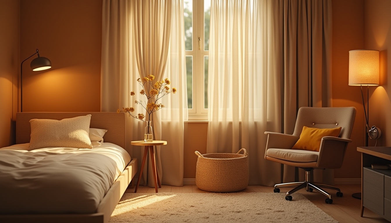 Prompt: Cozy dorm interior, amber color scheme, warm wooden furniture, soft golden lighting, comfortable plush carpet, minimalistic decoration, serene atmosphere, cozy reading nook, floor lamp with linen shade, simple elegant desk, ergonomic chair, textured woven baskets, natural fabric upholstery, earthy tone walls, calm ambiance, 3/4 composition, soft focus, warm color palette.