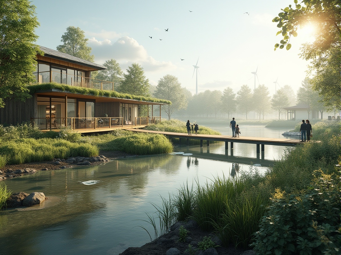 Prompt: Ecological wetland design, sustainable practices, modern architecture, green building materials, natural habitat preservation, wildlife conservation, serene water features, lush vegetation, wooden boardwalks, observation decks, educational signs, bird-watching areas, soft morning light, misty atmosphere, shallow waters, muddy shores, gentle breeze, environmental awareness, eco-friendly infrastructure, recyclable materials, solar panels, wind turbines, organic textures, natural colors, peaceful ambiance.