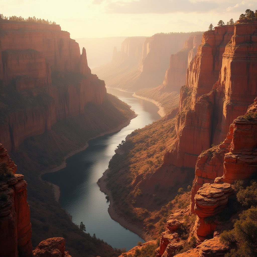 Prompt: Grand canyon-inspired scenery, vast open space, warm orange-red rock formations, layered strata, steep cliffs, deep valleys, winding rivers, misty atmosphere, golden hour, soft warm light, cinematic composition, 3/4 view, majestic landscape, natural wonders, erosion patterns, rocky outcrops, sparse vegetation, few trees, rustic wooden bridges, adventure, exploration.