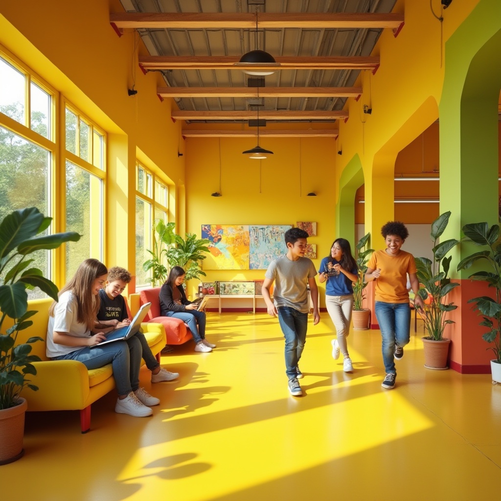 Prompt: Vibrant yellow walls, modern youth center interior, bright flooring, colorful furniture, energetic atmosphere, kids playing, laughing, running, group of friends sitting on a yellow couch, holding tablets, smiling, natural light pouring in through large windows, green plants, abstract art pieces, wooden accents, metal beams, open space, communal area, warm tone lighting, 3/4 composition, shallow depth of field.