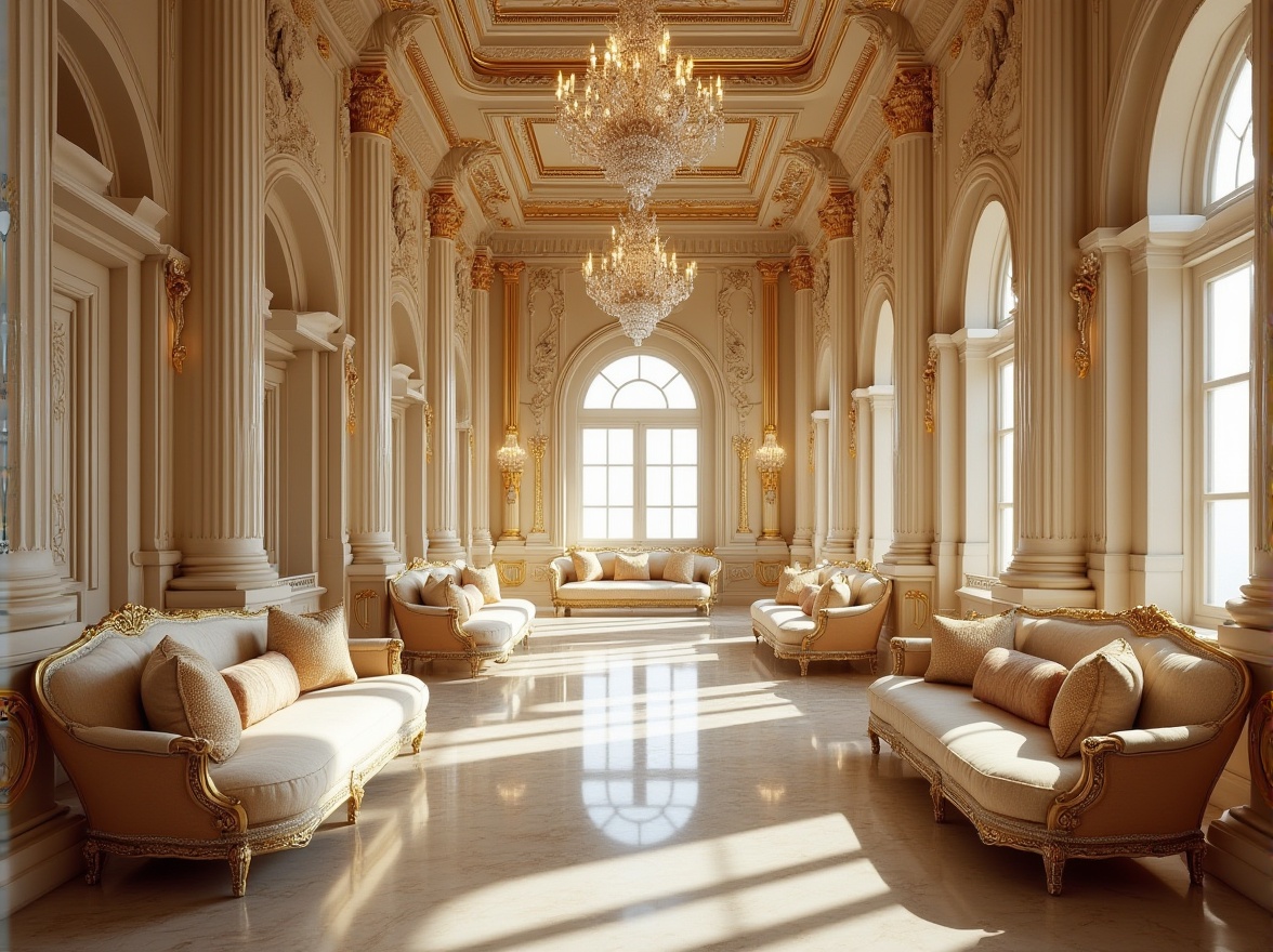 Prompt: Baroque-style palace interior, grand ornate decorations, innovative use of fiberglass, translucent white columns, curved lines, golden accents, crystal chandeliers, lavish furnishings, intricate patterns, velvet upholstery, marble floors, luxurious atmosphere, dramatic lighting, 3/4 composition, low-angle shot, warm color tone, high-contrast ratio, HDR effect.