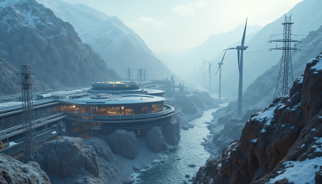 Prompt: Mountainous energy plant, futuristic architecture, curved lines, metallic materials, solar panels, wind turbines, hydroelectric generators, mountain peaks, snow-capped, misty atmosphere, steep cliffs, winding roads, transmission towers, electrical wires, industrial pipes, control rooms, monitoring systems, engineer uniforms, hard hats, safety glasses, laptop computers, blueprints, diagrams, 3/4 composition, aerial view, dramatic lighting, cinematic mood.