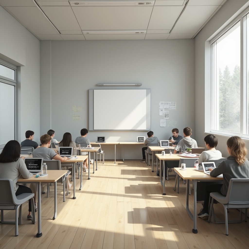 Prompt: Modern school interior, light gray walls, calming atmosphere, minimal decorations, wooden floors, natural lighting, floor-to-ceiling windows, comfortable seating area, students studying, laptops and notebooks on tables, water bottles and stationery scattered, softbox lighting, 3/4 composition, shallow depth of field, neutral color palette, clean lines, minimalist style, subtle textures.