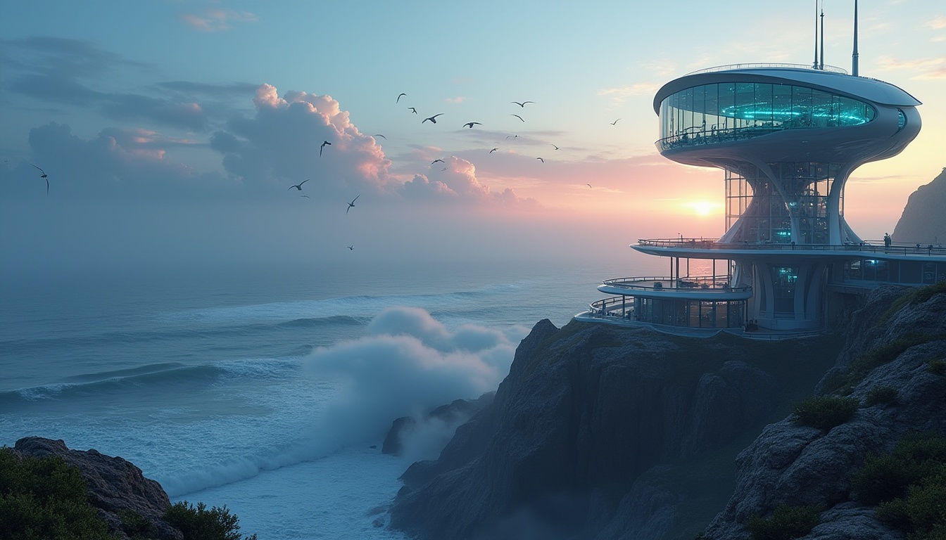 Prompt: Futuristic coastal watching tower, modern sleek design, glass and steel structure, towering over 10 stories high, overlooking vast ocean views, built on rocky cliffs, surrounded by misty fog, crashing waves below, seagulls flying overhead, innovative LED lighting system, glowing blue at night, observation deck with binoculars, advanced radar systems, solar panels, wind turbines, self-sustaining ecosystem, panoramic view, dramatic sunset, cinematic composition, ambient ocean sounds.